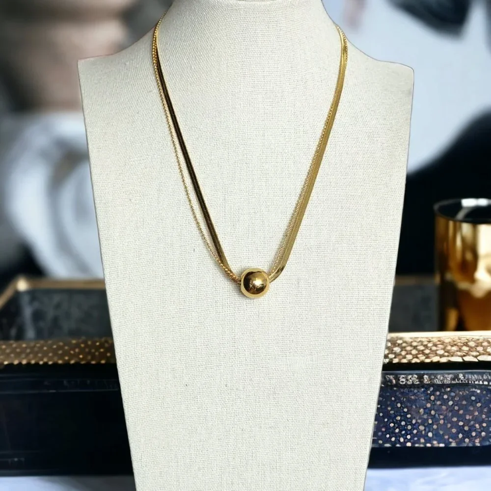 🆕️ 18K Gold Plated Stainless Steel Double-Layered Necklace With Sphere Charm - Picture 4 of 8
